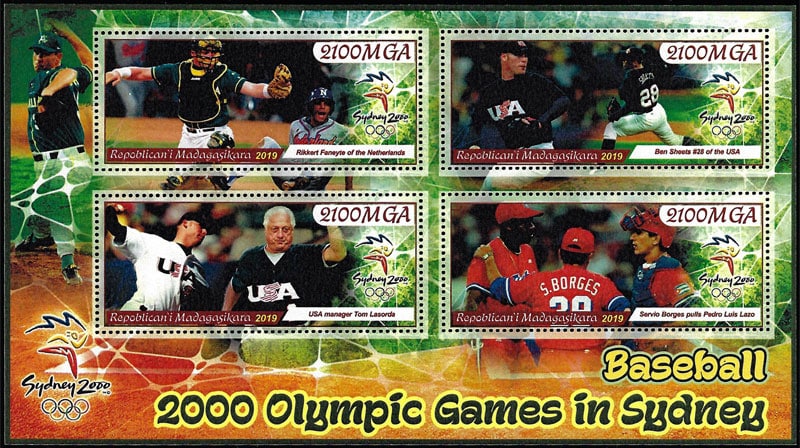 2019 Madagascar – Baseball – 2000 Olympic Games in Sydney (4 values) with Rikkert Faneyte, Ben Sheets, Tommy Lasorda, Servio Borges, Pedro Luis Lazo