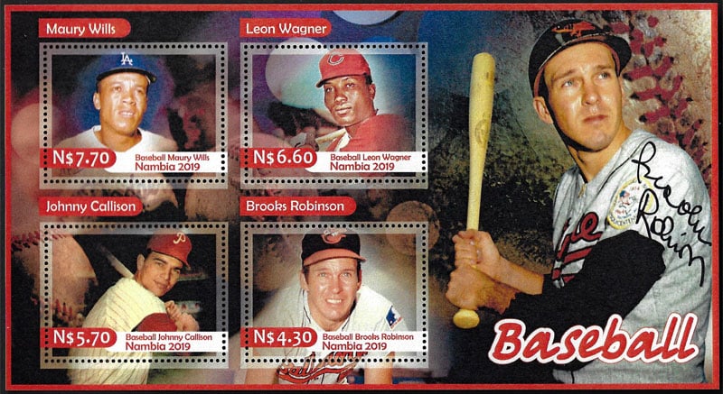 2019 Namibia – Baseball (4 values) with Maury Wills, Leon Wagner, Johnny Callison, Brooks Robinson