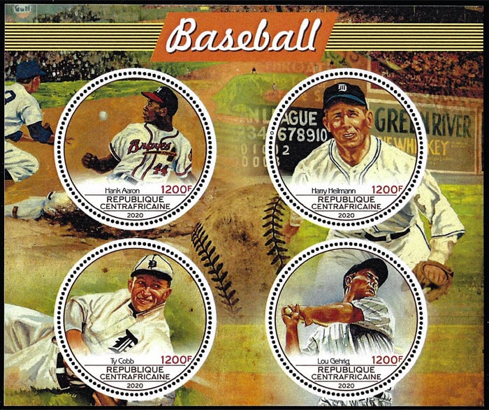 2020 Central African Republic – Baseball (4 values) with Hank Aaron, Harry Heilmann, Ty Cobb, Lou Gehrig
