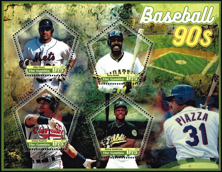 2021 Gambia – Baseball 90s (4 values) with Mike Piazza, Barry Bonds, Manny Ramirez, Rickey Henderson