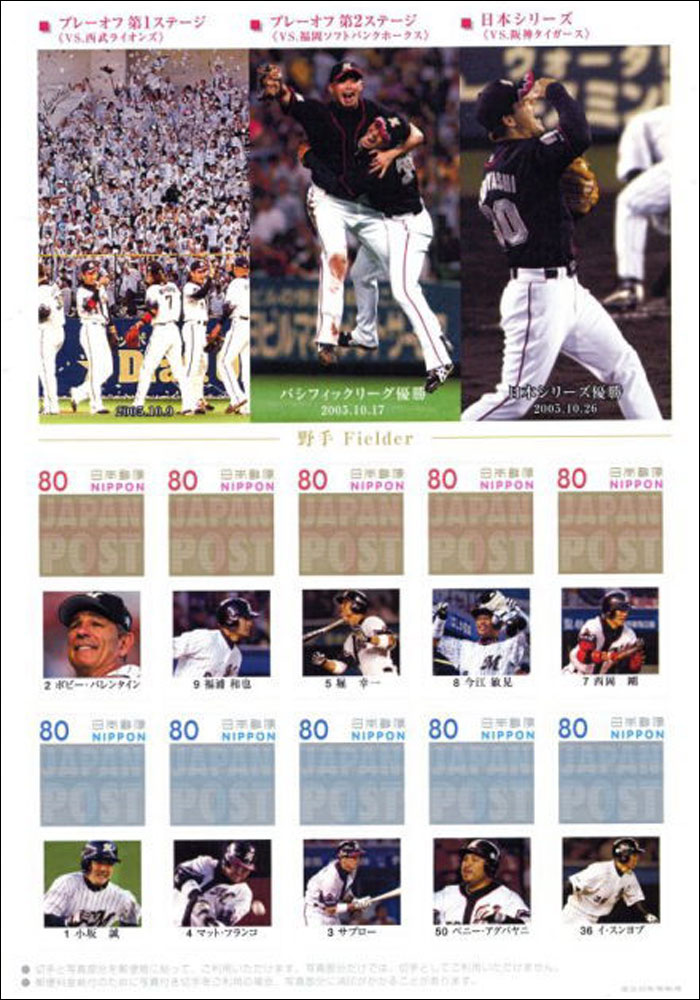 2005 Japan – Chiba Lotte Marines, fielder (error in 2nd stamp from left on top row)
