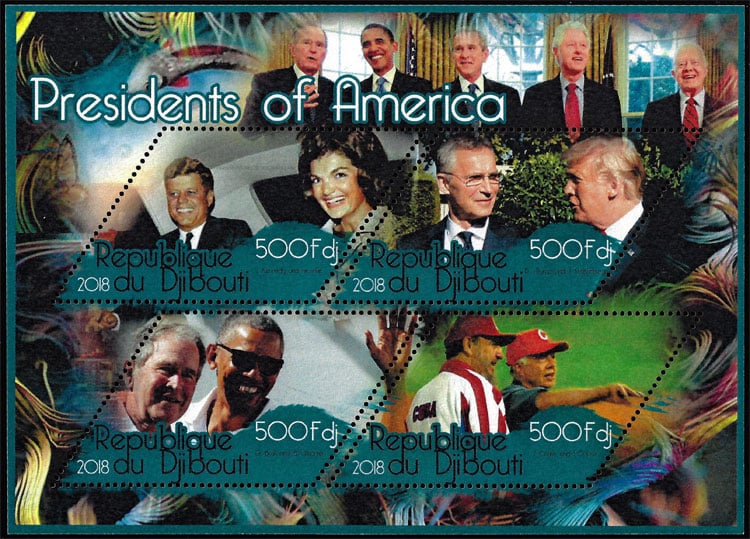 2018 Djibouti – Presidents of America on baseball field, Jimmy Carter and Fidel Castro (4 stamps)