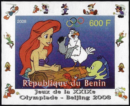 2008 Benin – Olympics in Beijing - Little Mermaid, baseball pictogram in margins