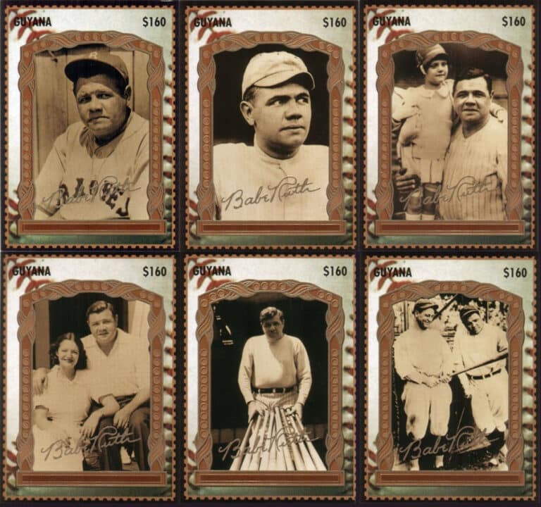 1995 Guyana – Babe Ruth Stamp Cards, first six cards, $160 value