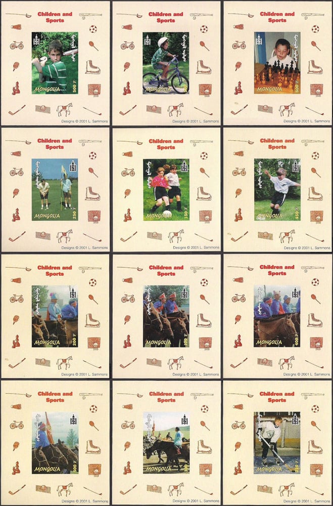 2001 Mongolia – Children and Sports, Complete Set of 12 with baseball pictogram in corner