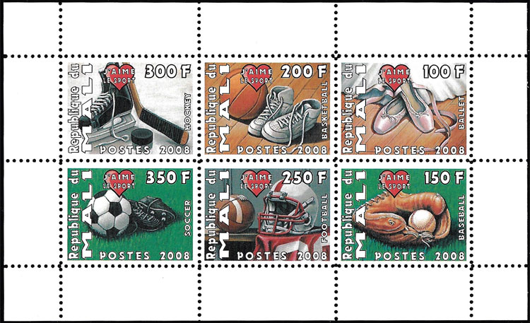 2011 Mali – Baseball Souvenir & Sports Equipment Sheet (6 values)