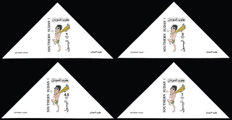 2011 Southern Sudan – Triangle sheets with caveman hitter (4 values: 1, 3, 4.5, 7 SDG)