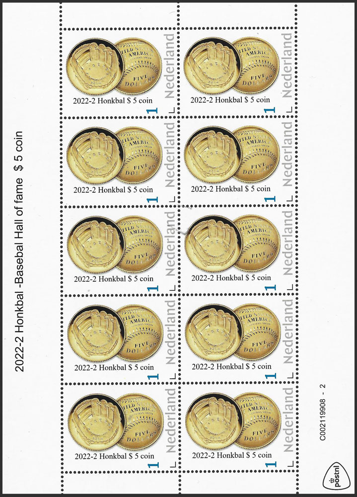 2022 Netherlands – Honkbal Coins, Baseball Hall of Fame sheet (10 values)