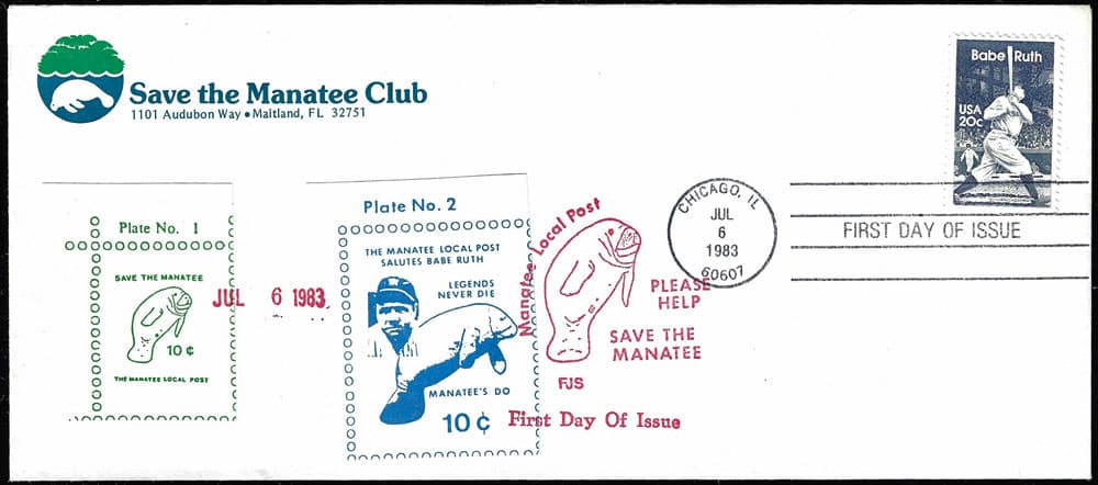 1983 USA - Save the Manatee Club First Day Local Post Stamp Issue with Babe Ruth