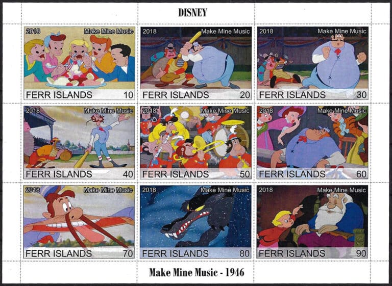 2018 Ferr Islands – Make Mine Music - 1946 (with 3 baseball-themed stamps)