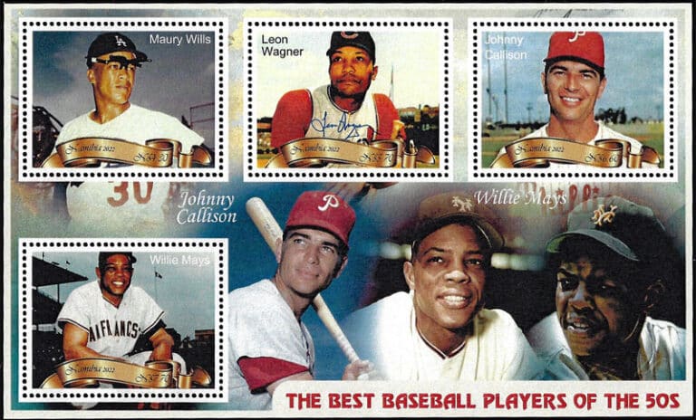 2023 Namibia – The Best Baseball Players of the 50s (4 values) with Maury Wills, Leon Wagner, Johnny Callison, Willie Mays