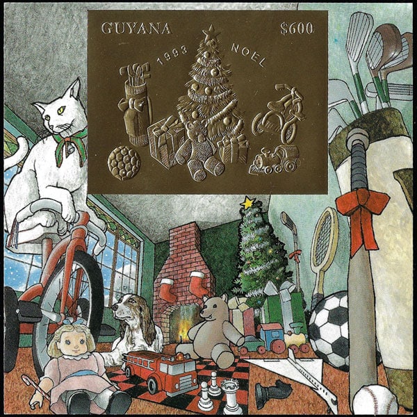 1993 Guyana – Christmas Scenes with Tree, Baseball Bat and Ball – Gold