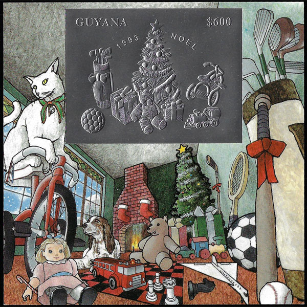 1993 Guyana – Christmas Scenes with Tree, Baseball Bat and Ball – Silver