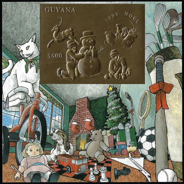 1993 Guyana – Christmas Scenes with Snowman, Baseball Bat and Ball – Gold