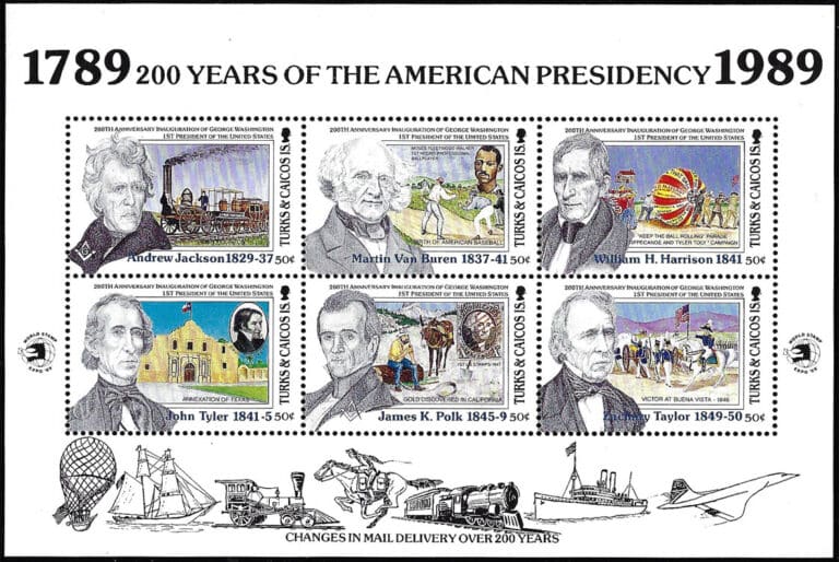 1989 Turks & Caicos – 200 Years of the American Presidency SS with featuring Martin Van Buren and Moses Fleetwood Walker (First Negro Pro Ballplayer)