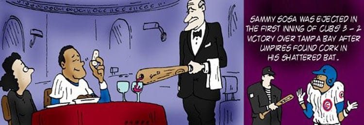 Cartoon Poking Fun of Sammy Sosa with a Corked Bat Filled with Wine