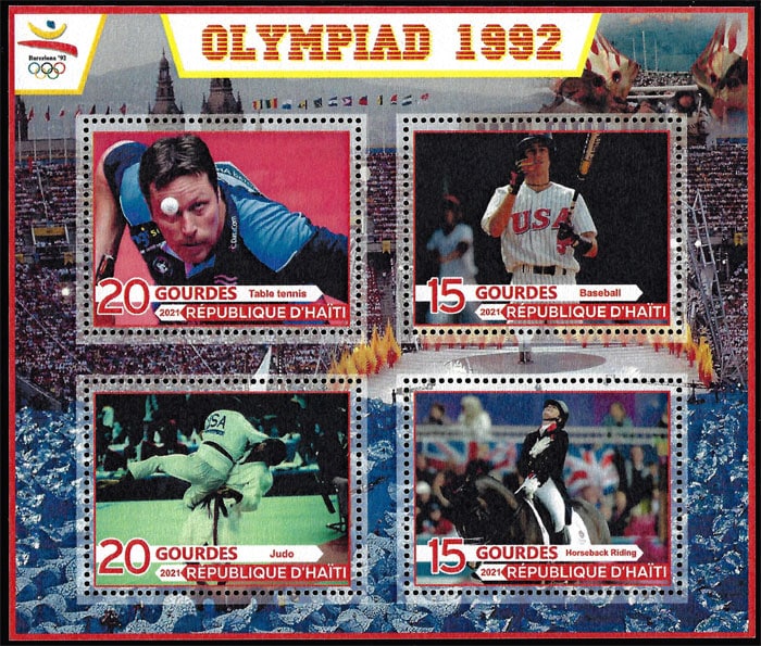 2021 Haiti – Olympiad 1992, baseball batter from Team USA, with table tennis, judo, horseback riding (4 values)