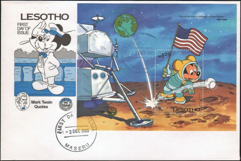 1985 Lesotho – Mark Twain Quotes First Day Cover with Mickey Mouse on the Moon