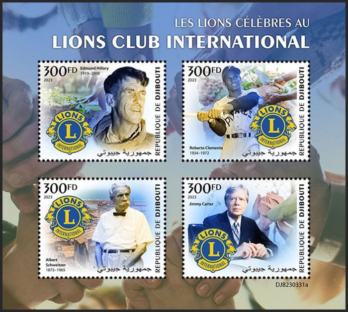 2023 Djibouti – Lions Club International Sheet with Edmund Hillary, Roberto Clemente, Albert Schweitzer, Jimmy Carter