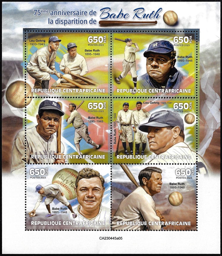 2013 Central African Republic – 75th Anniversary of his Death – Babe Ruth SS x 6 values