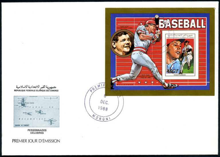 1988 Comoro Islands – Roger Clemens with Pete Rose and Babe Ruth FDC