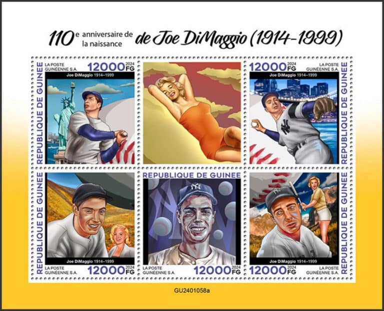 2024 Guinea – 110th Anniversary of Joe DiMaggio & Marilyn Monroe (6 values, horizontal)