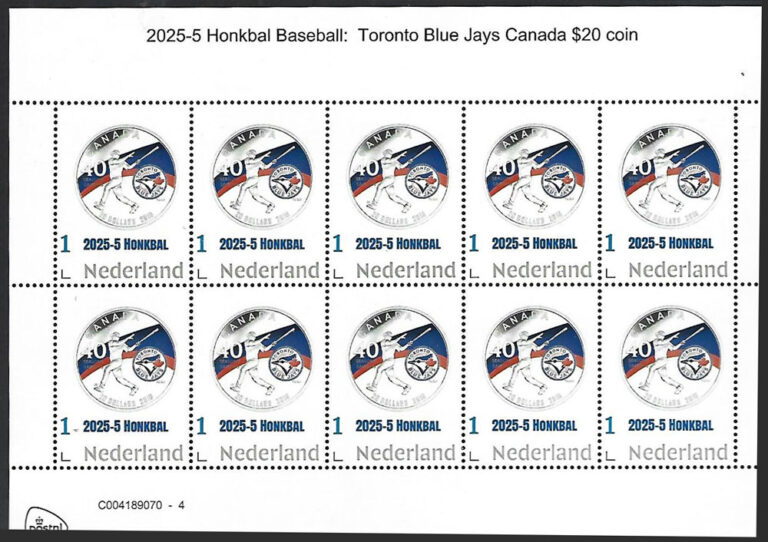 2025 Netherlands – Honkbal 5, Toronto Blue Jays Coin, Baseball Sheet (10 values)