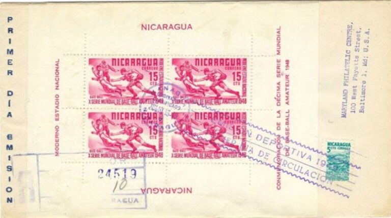 1949 Nicaragua – 10th World Series of Amateur Baseball – 15¢ First Day Issue – Baseball