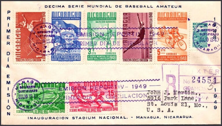 1949 Nicaragua – Amateur World Series of Baseball, First Day Issue of Land Stamps, I