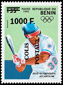 2010 Benin – Overprint of 1996 Olympics in Atlanta baseball stamp with 1000F