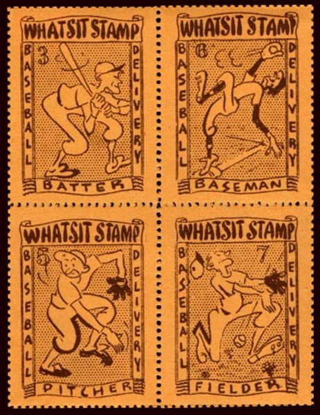 1936 Whatsit Fashions – Baseball Stamps in Orange (baseman, fielder, batter, pitcher)