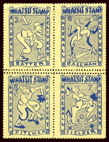 1936 Whatsit Fashions – Baseball Stamps in Yellow (baseman, fielder, batter, pitcher)